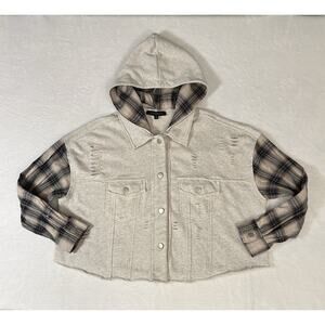 Dance & Marvel Cream Brown Plaid Cropped Ripped Removable Hood Shacket Medium